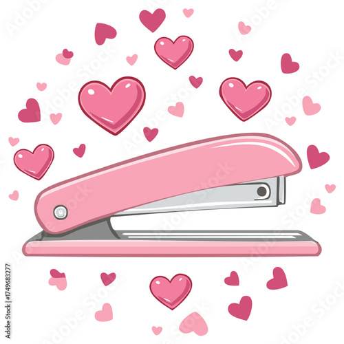 Pink stapler with hearts, cartoon illustration for Valentine's Day