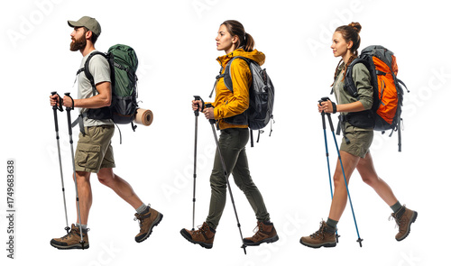 People hiking with backpacks and trekking poles transparent background