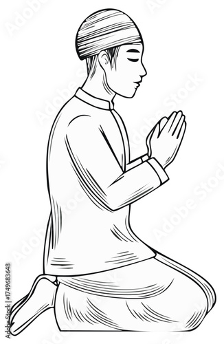Muslim Man Kneeling in Prayer with Hands Clasped and Eyes Closed Illustration