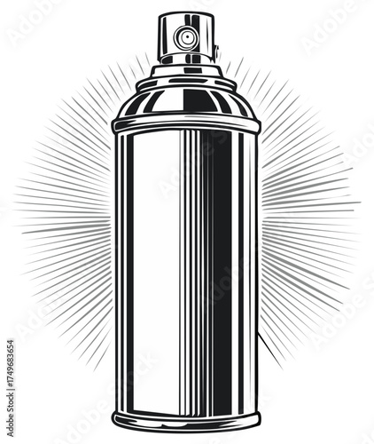 Detailed monochrome illustration of a spray paint can with radial lines