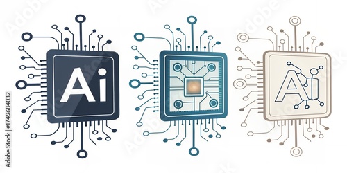 Three stylized computer chips with ai and circuit board designs isolated on white background