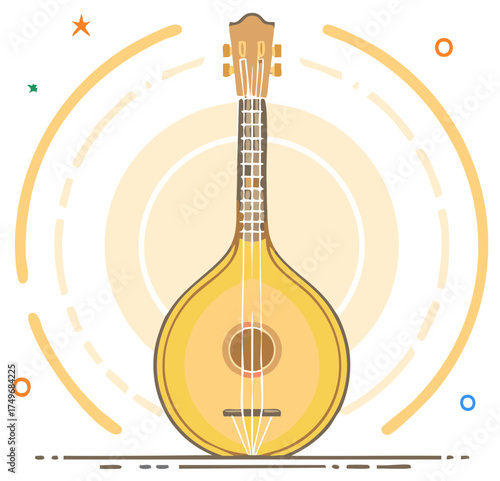 Illustrated folk music instrument with a graphic design