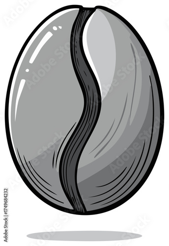 Stylized Black and White Illustration of a Single Coffee Bean with a Central Crease