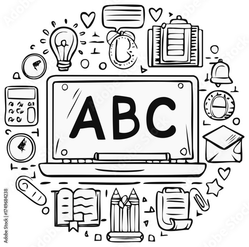 Hand drawn illustration with doodle elements of education, learning and office work displayed with a laptop and the letters ABC.