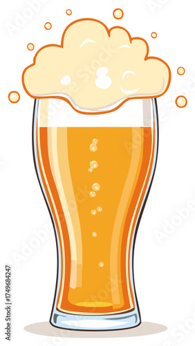 Refreshing golden beer with frothy head and bubbles in a tall glass illustration