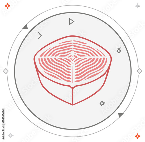 Abstract stylized red meat or fish fillet cross section icon with textured lines in a modern circular frame