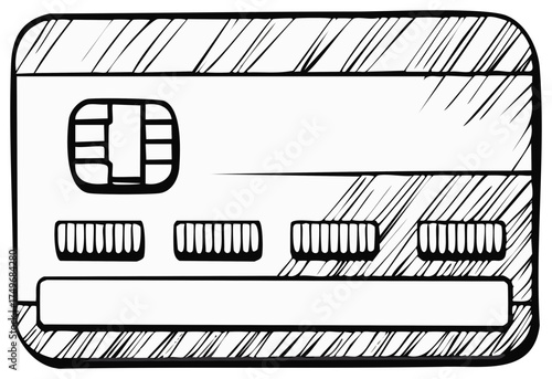 Hand drawn credit card illustration with chip. Sketchy black and white line art of a bank card for finance concepts.