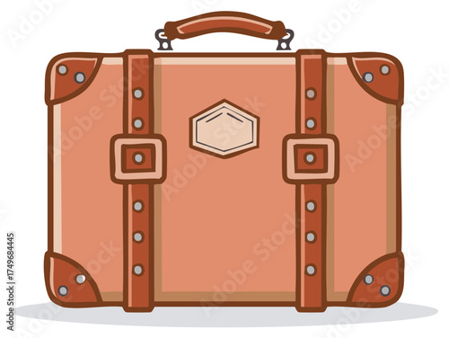 Illustration of a classic tan suitcase with brown straps and metal accents for vintage travel themes