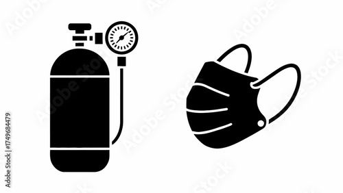 Oxygen Tank with Pressure Gauge and Face Mask Black Silhouette Illustration Healthcare and Medical Equipment Concept Vector