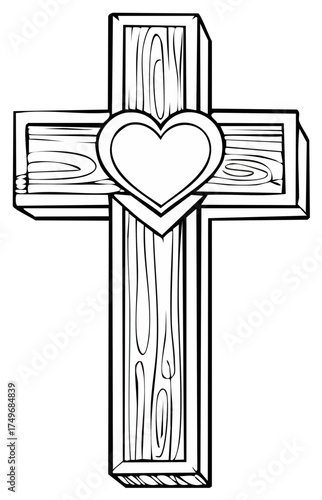 Wooden Christian cross with a heart symbol in the center line art illustration