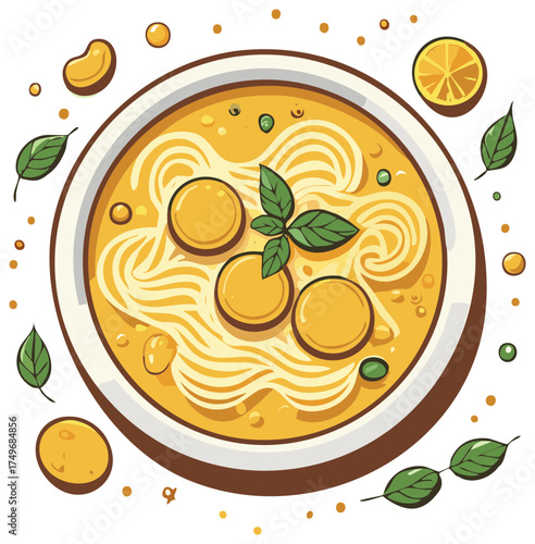Delicious bowl of golden noodle soup with egg yolks and fresh herbs garnish