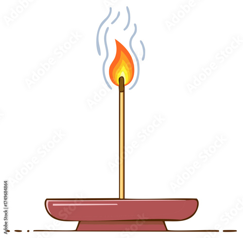 Vector illustration of a lit incense stick burning in a holder with flame and smoke for meditation