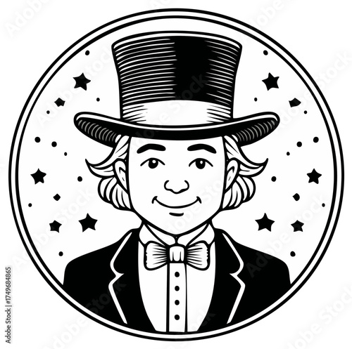 Smiling classic magician or elegant showman in top hat and tuxedo with sparkling stars inside a circle