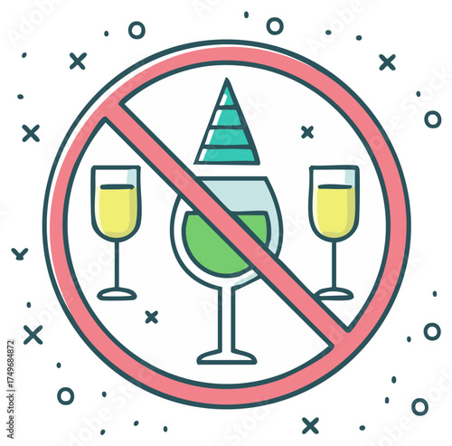 No alcohol at party celebration concept with prohibition sign over drinks and festive hat