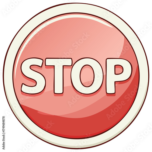 Red circular STOP button with white lettering and a light colored border