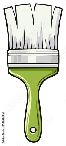 Cartoon illustration of a paint brush isolated, with a green handle and white bristles