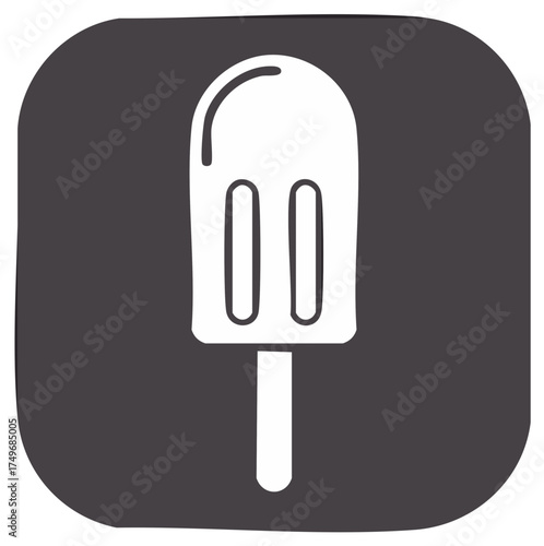 Hand drawn popsicle icon illustration. Simple white ice pop doodle on a dark square background.