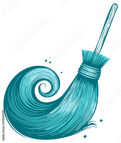 Cartoon Illustration of a Broom with a Swirling Trail for Cleaning and Tidying