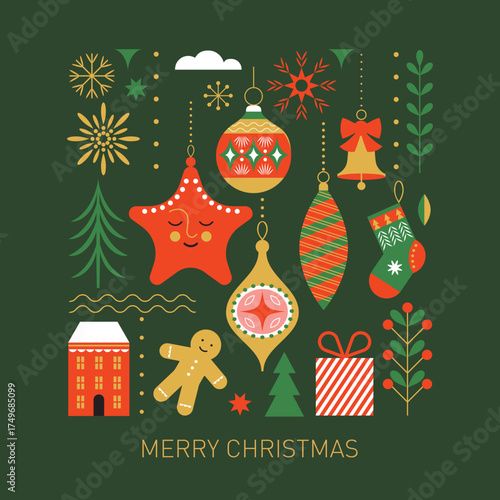 Christmas decorations, vector xmas card, Christmas tree toys