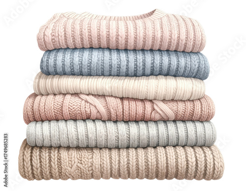 Stack of soft, pastel-colored sweaters