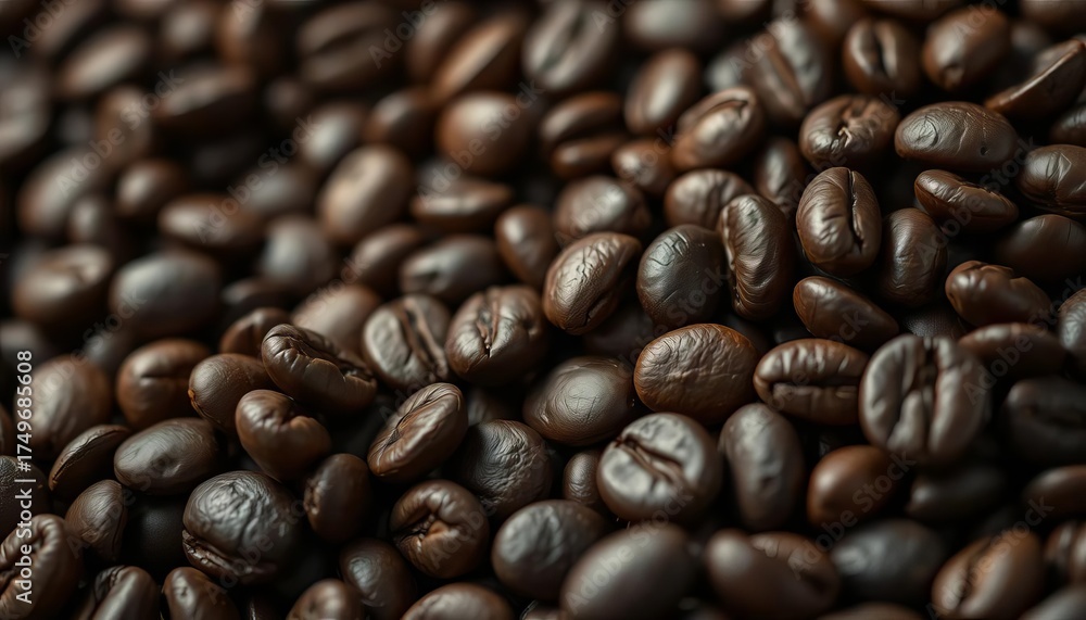 Fototapeta premium Close-up of roasted coffee beans, dark and oily, breakfast, cappuccino