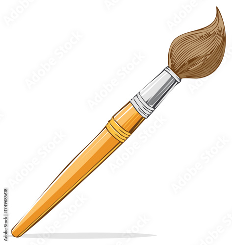 Illustration of a detailed paint brush with a wooden handle and brown bristles for painting and arts and crafts projects