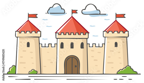 Whimsical Castle Illustration with Red Flags and Blue Clouds for Children's Books and Cartoons