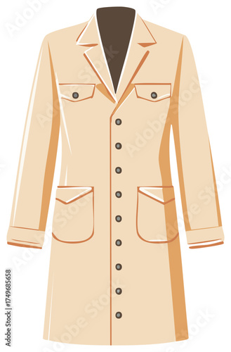 Beige safari style jacket illustration with pockets and brown buttons flat design
