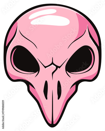 Cartoon alien skull or fantasy creature head, pink and black stylized drawing with dark empty eye sockets