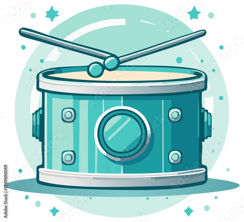 Cute teal musical drum with drumsticks and sparkling elements vector illustration