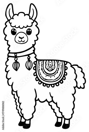 Cute cartoon llama with ornamental blanket and collar on white background