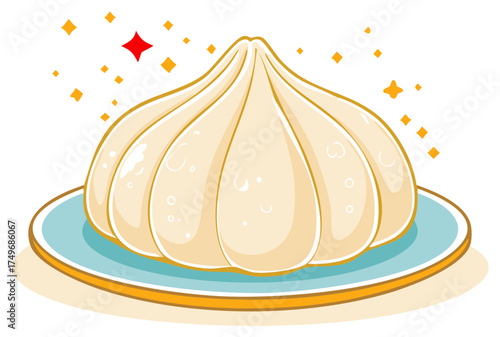Cartoon illustration of a fresh sparkling Asian dumpling or baozi on a plate