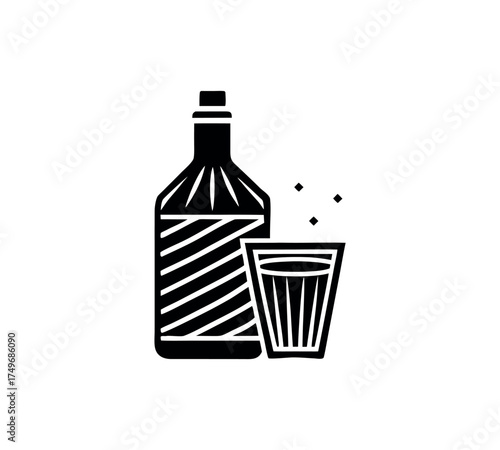 Wine bottle and glass alcohol beverage drink celebration bar party vector 
