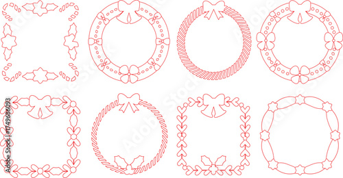 Collection of Red Outline Decorative Frames and Wreaths with Bows and Floral Designs