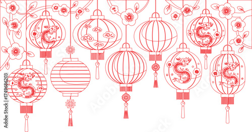 Decorative Red Chinese Lanterns with Dragons, Clouds, and Plum Blossoms Hanging on White