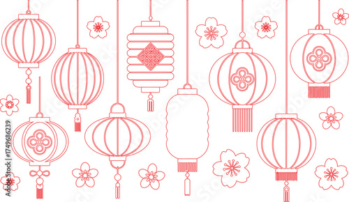 Delicate Red Outline Illustration Hanging Chinese Lanterns and Plum Blossom Flowers for Lunar New Year
