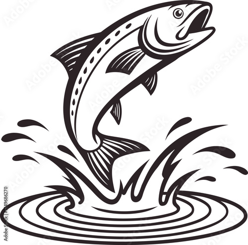 Vector art of a stylized black and white illustration of a salmon leaping out of water