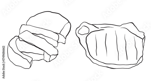 Sketch of piece of meat. Hand drawn ink vector illustration of steak. Linear graphic elements beef or por for design isolated on white background.