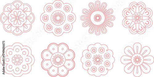 Eight Red Flower Designs Outline Illustration on White Background, Floral Pattern Artwork