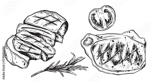 Sketch of piece of meat, tomato and a sprig of rosemary. Hand drawn ink vector illustration of steak. Linear graphic elements beef or por for design isolated on white background.