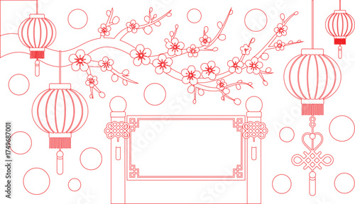Elegant Red Outline Design Chinese Lanterns, Blossoming Plum Branch, and Decorative Frame with Empty Space