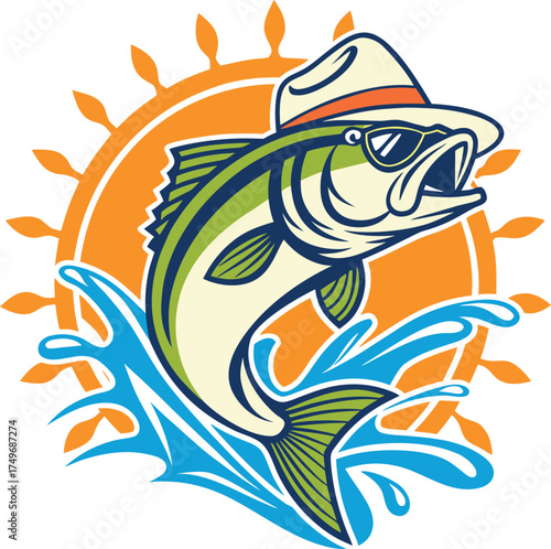 Vector art of cartoon largemouth bass wearing a hat and sunglasses jumping out of water with sun behind it