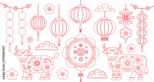 Intricate Red Line Art of Chinese New Year Decorations with Oxen and Lanterns Festive Design