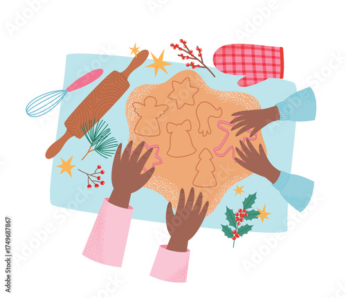 Christmas cooking with children. Cutting cookie dough with cookie cutters. Making Christmas gingerbread cookies top view. Homemade holiday bakery. Vector illustration in flat style