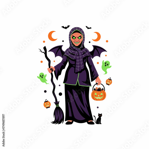 Halloween illustration of a woman in hijab with bat wings and a pumpkin basket.