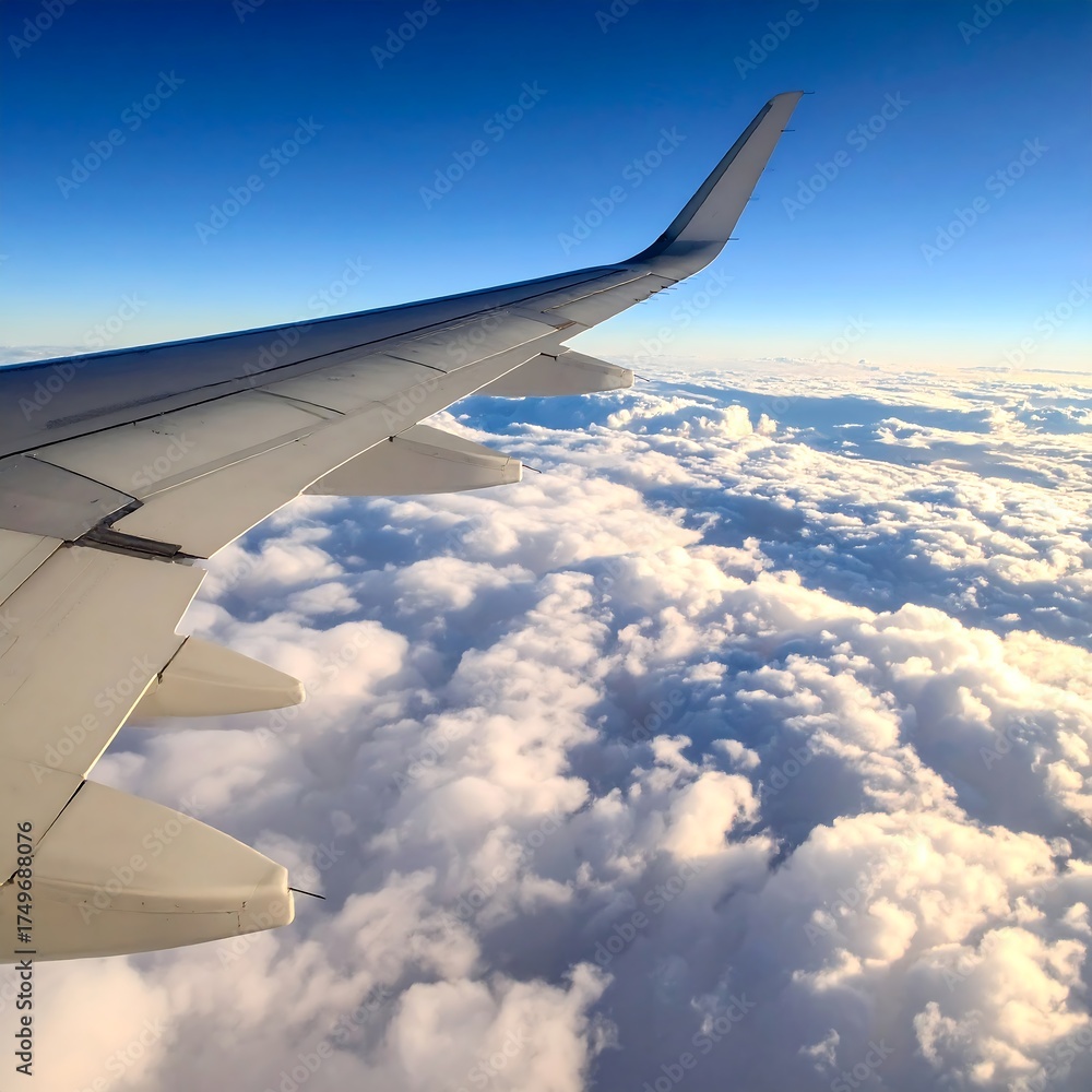 Fototapeta premium Airplane wing soaring through fluffy clouds and blue skies