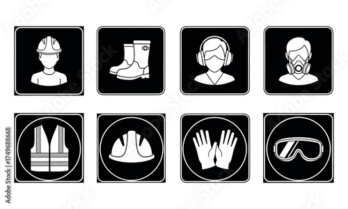 Set of 8 safety personal protective equipment ppe icons with a distressed texture for industrial and construction settings