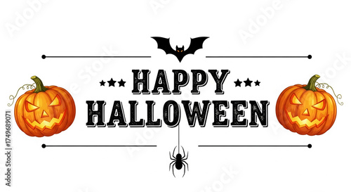 Halloween banner with carved pumpkins, bat, spider, and 