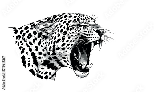 Powerful leopard head roaring close-up artistic black and white portrait fierce wild animal