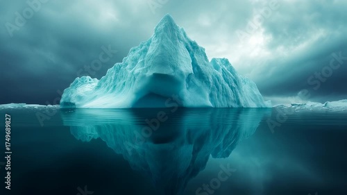Majestic iceberg floating serenely on the calm waters, reflecting its grandeur beneath a dramatic